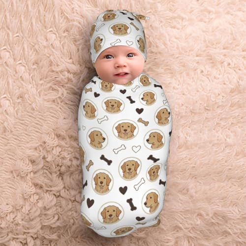 Image of Golden Retriever Swaddle Blanket with Hat for Baby, Dog Theme Swaddling Baby Stuff