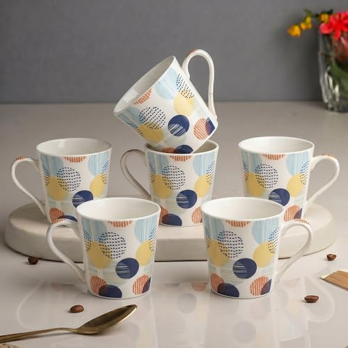 Image of UPC Coffee Mug Set of 6 | White Abstract Polka Dot Print | Navy Blue Yellow & Orange Multicolour Circle Pattern | Bone China Tea & Coffee Cups | Microwave Safe | Home & Kitchen