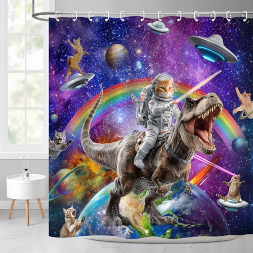 Image of Funny Cat Dinosaur Shower Curtain Fun Cool Hilarious Cats on Fantasy Galaxy Space Universe Anime Kids Bathroom Home Decor Waterproof Polyester Fabric 72Lx72W Inch with Hooks