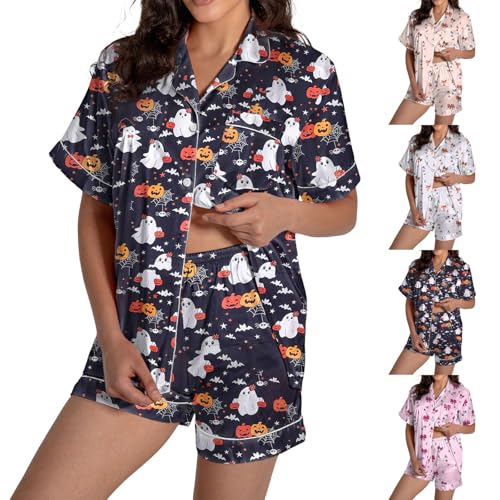 HUIFUAO Halloween-Pyjama-Set für Damen, lustiger Geister-Kürbis-Nachtwäsche, gruselige Halloween-Kostüme, Übergröße, Satin, Pyjama, 2-teilig,...