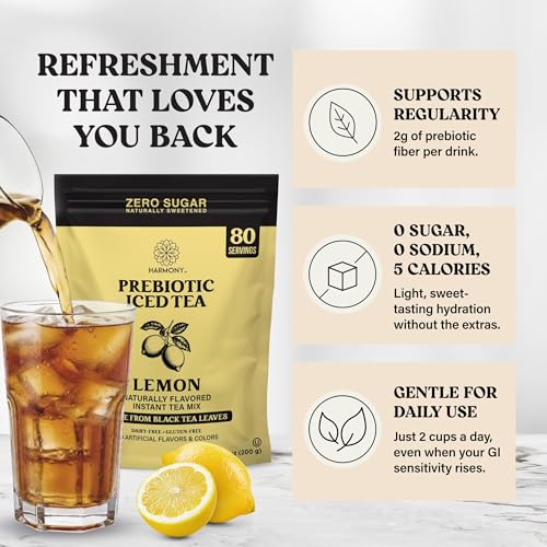 Image of Harmony Lemon Prebiotic Black Iced Tea, 7.05 oz Bag, 80 Servings | Real black tea, Bright lemon flavor, 80 servings per bag, Prebiotic plant fiber, 25 calories, Zero sugar, Gluten free