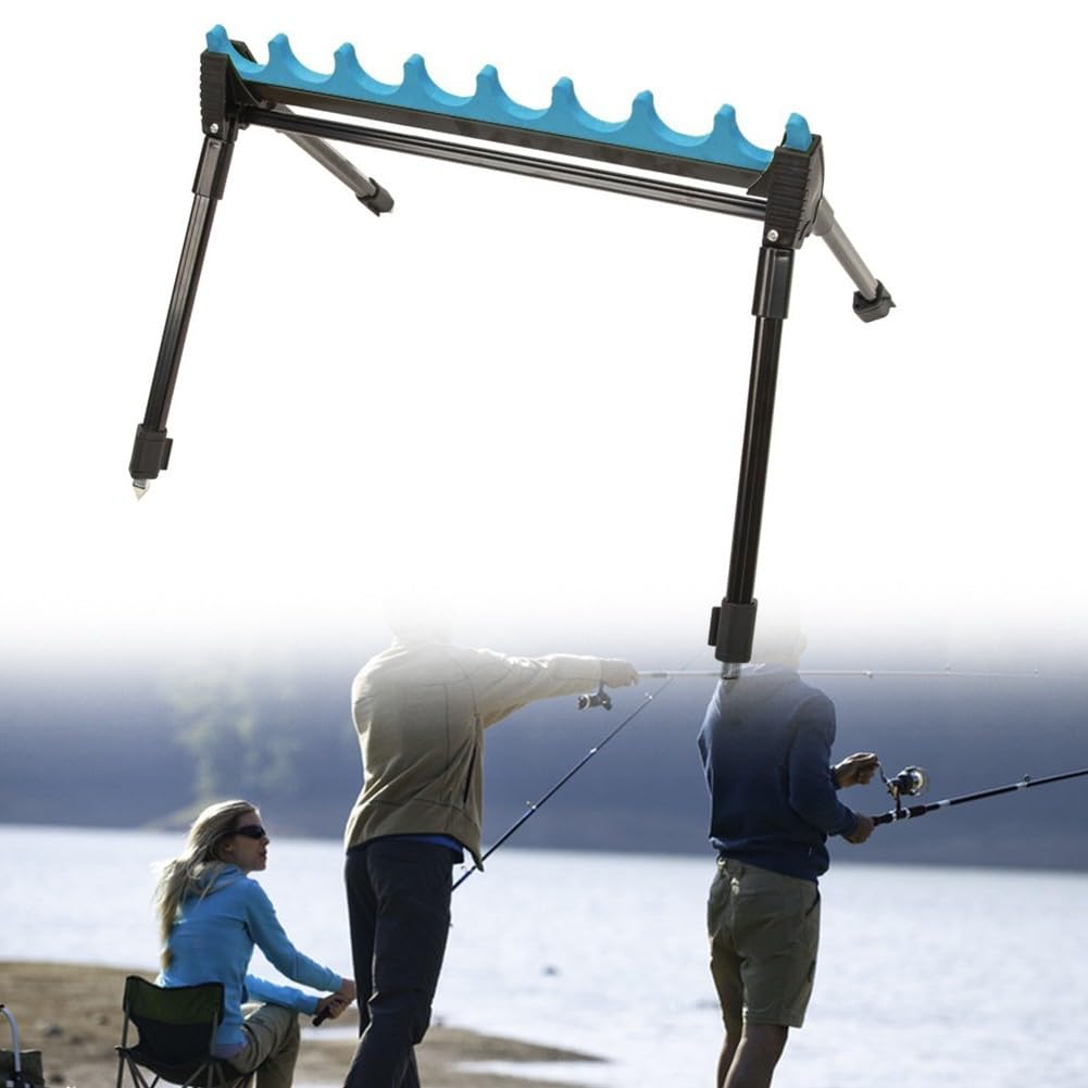 2 Section Telescopic Fishing Rod Holder 4 Leg 8 Rig Roost Kit with EVA Coating Metal Frame for Shore Bank Fishing Multi-Hole Outdoor Fishing Rod Holder Sea Rod Ground-Plug Holder(Blue)