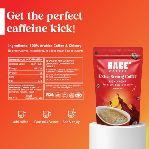 Image of Rage Coffee Extra Strong Premium Blend Coffee Powder | Premium, Bold & Instant | Instant Coffee & Chicory- 100% Arabica Beans for Hot & Cold coffee | Pack of 2 | 200g Each