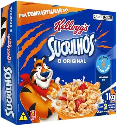 Cereal Sucrilhos Original Kellogg's 1kg, caixa azul e laranja com tigre.