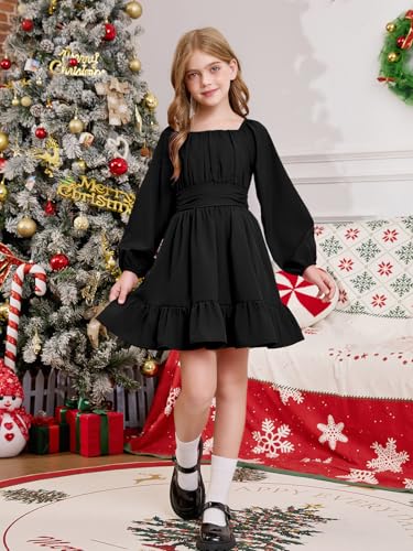 Girls Long Sleeve Dress with Ruffles Square Neck Tie Back Girls Fall Dresses Size 6-14 Years3