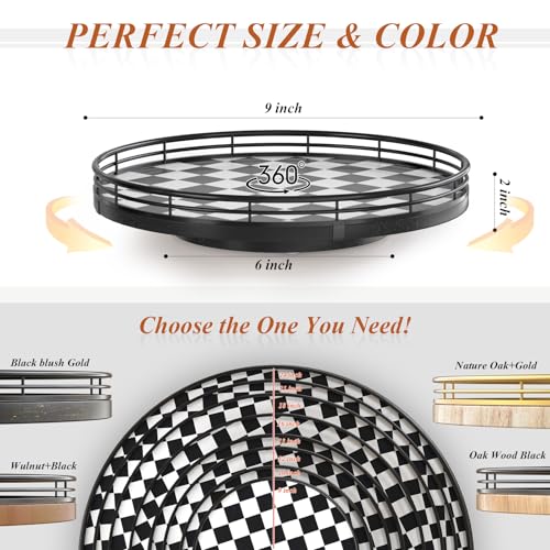 Image of Black and White Kitchen Lazy Susan Turntable - Checkered Round Decorative Tray, 9 inch Table Top Oak Wood Lazy Susan for Cookies, Dining Table Organizer, Small Kitchen Table Centerpiece