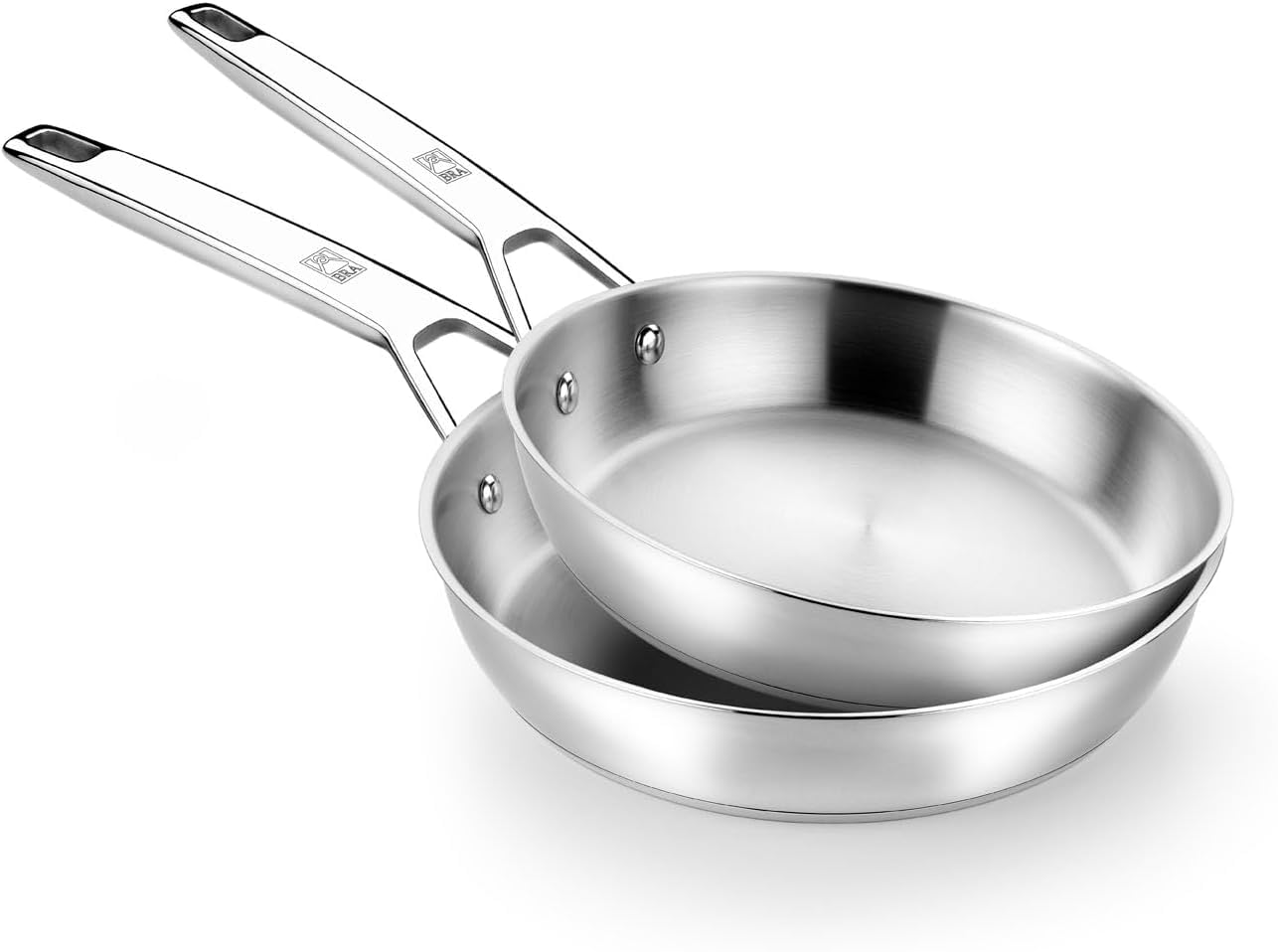 BRA Signature | Set mit 2 Bratpfannen 24-26, professioneller Edelstahl 18/10 ohne Antihaftbeschichtung, Boden mit dreifachem Diffusor, geeignet für alle Herdarten und Induktion, polierte Oberfläche