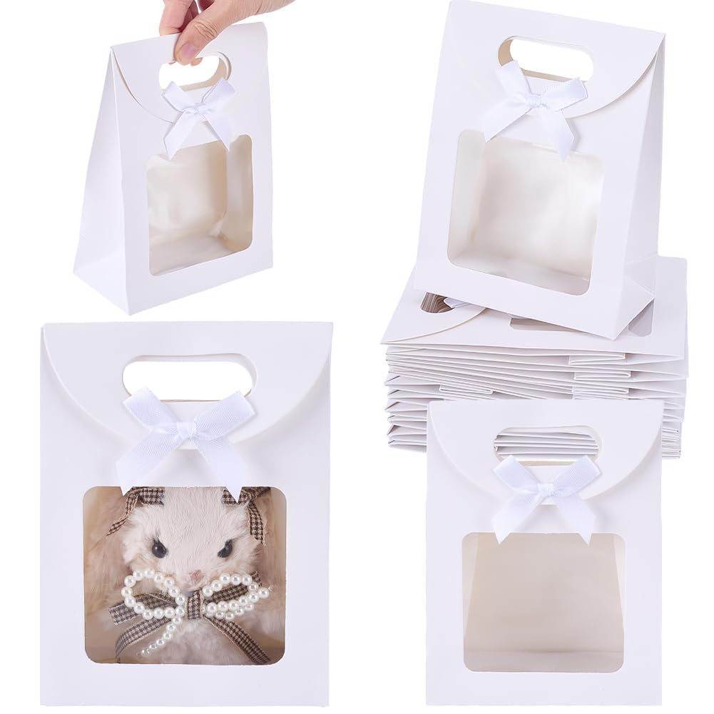 CREATCABIN 24Pcs Kraft Paper Bags with Clear Window 6.3x2.4x4.7in Stand Up Gift Bag with Handles Mini White Gift Wrap Bags Bulk for Candy Cookies Wedding Favors Christmas Party Store Retail Packaging