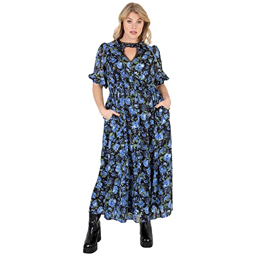 Lovedrobe Summer for Women Plus Size Curve Ladies Midi Sun Dress Faux Wrap High V Neckline Waist Puffed Sleeve Lace Black Vestido, Green, 44 para Mujer
