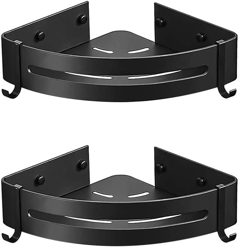 AK KYC Shower Corner Shelf Shower Caddy Nail Free Wall Mounted Bathroom Shelves-Adhesive(No Drilling)in 2 Pack with 4 Removable Hooks Rustproof Aluminum Basket Organizer Hanging Storage kitchen-Black: Home Improvement