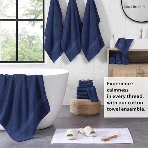 Image of LANE LINEN Cotton Bath Towel Set - 18 Piece - Low Twist, Soft & High Absorbency - 4 Bath, 8 Wash Cloth, 6 Hand Towels - Classic Hotel Quality, Durable & Ideal for Modern Bathrooms - Navy Blue