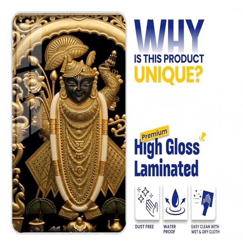 Image of Shrinathji Gold Slim Photo Frame, Nathdwara Shreenathji, Ultra High Gloss Lamination (12x18 Inch)