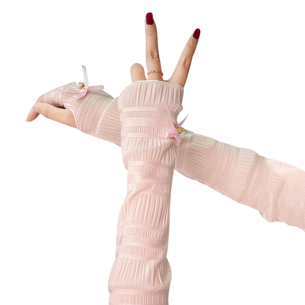 Ice Silk Arm Sleeves Women Sun UV Protection Long Arm Covers with Pearl Bow Half Fingerless Gloves Arm Sleeves Arm Leg Pink