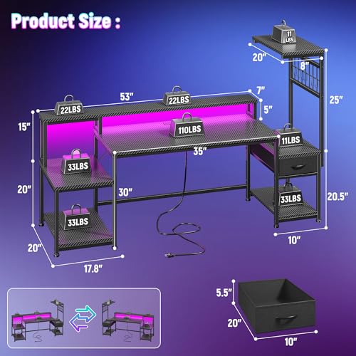 Image of DurayLoly 63 inch Gaming Desk with LED Lights & Outlets,Computer Desk with Drawers & Monitor Stand,Gaming Table with 3 Storage Shelves, Hooks& Printer Space for Game&Study Room,Home Office,Bedroom,Black