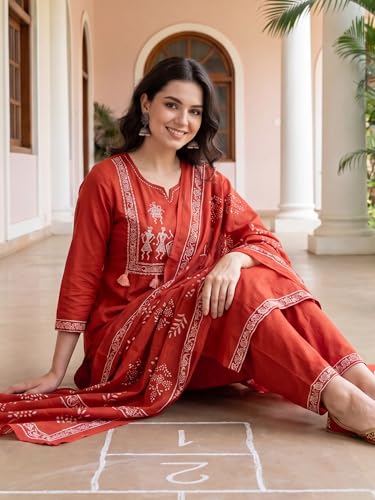 Image of INDO ERA Women's Pure Cotton Striped Printed Kurta & Pant with Dupatta Set