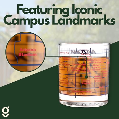 Image of Greenline Goods University of Arizona Wildcats Whiskey Glasses Set of 2, 10 oz Rocks Glasses with Full-Color Logo & Campus Map - Officially Licensed Bourbon Glass Gift for Alumni & Fans