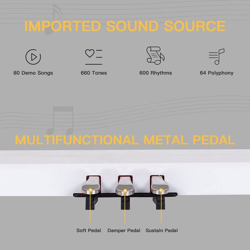 88-Key Weighted Digital Piano, Full-Size Semi-Weighted Upright Flip Electric Keyboard Piano with 3 Pedal and Multi-Functional Keyboard for Beginner(with Bench,White）