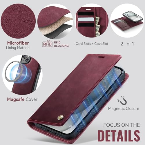 Image of Wallet Case for iPhone 13 Compatible with Magsafe, 2-in-1 PU Leather Flip RFID Blocking Card Holder Stand Shockproof Magnetic Detachable Case for iPhone 13 Case 6.1 inch, Burgundy