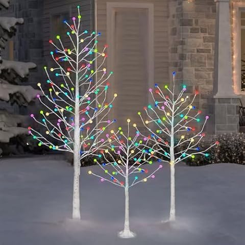 Set of 3 Pre-Lit Birch Tree, 4FT 5FT and 6FT Lighted Artificial Trees Multicolor with Remote Control for Decoration Cover