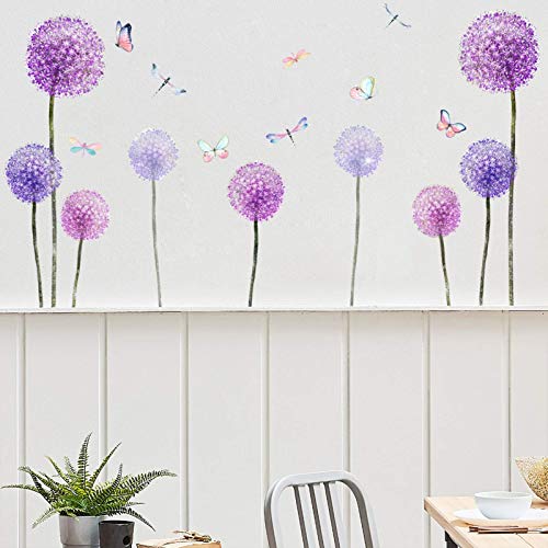 Dandelion Plant Wall Decals, Flying Violet Flowers Butterflies Dragonfly Wall Stickers, Dilibra Removable Peel And Stick Diy Art Vinyl Mural For Classroom Kids Bedroom Bathroom Nursery Home Decor #TOP5