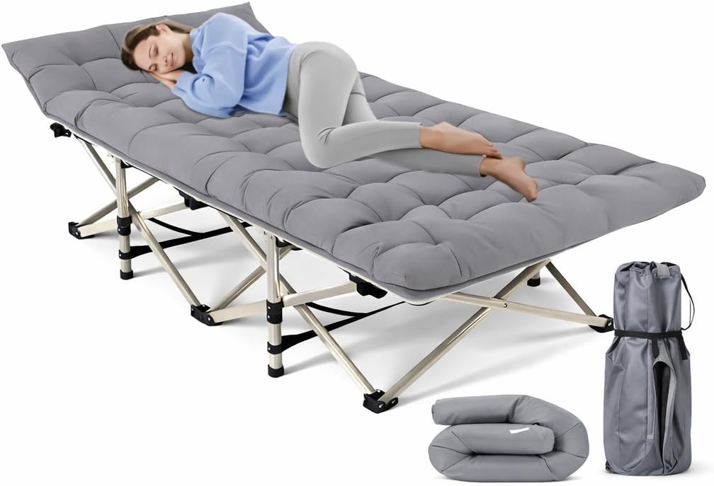 Folding Camping Cot with Mattress, Heavy Duty Portable Sleeping Bed, Grey Oxford Fabric, 75 x 28 Inches, 550 lbs Capacity, Rectangular, for Camping, Hiking, Travel, Guest Use (Padded)