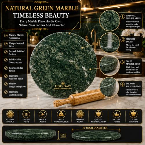 Image of 10 Inch Green Marble Chakla Belan Set | Indian Marble Roti Rolling Board | Roti Maker Phulka Maker Chapati Maker | Smooth Finish Heavy Duty Chakla with Wooden Rolling Pin for Home & Kitchen