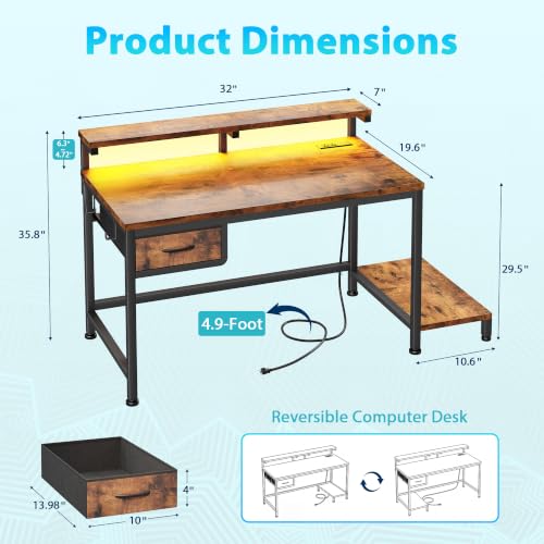 Image of DurayLoly 32 inch Office Desk with Power Outlet & Fabric Drawer,Rustic Brown