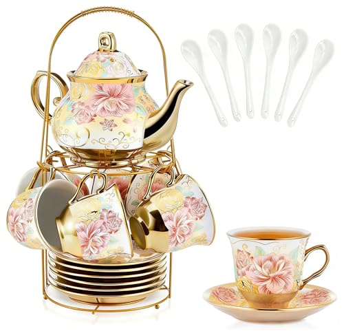 Hebaogugu 20 Pcs Porcelain Tea Set with Metal Holder, European