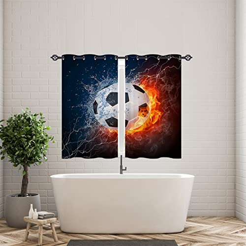 Anhope Soccer Curtains Grommet Light Filtering Window Drapes With Sports Theme Flame Football Balls Print Pattern Decorative Privacy Curtains For Kids Boys Bedroom Living Room 2 Panels 42 X 63 Inch #TOP2