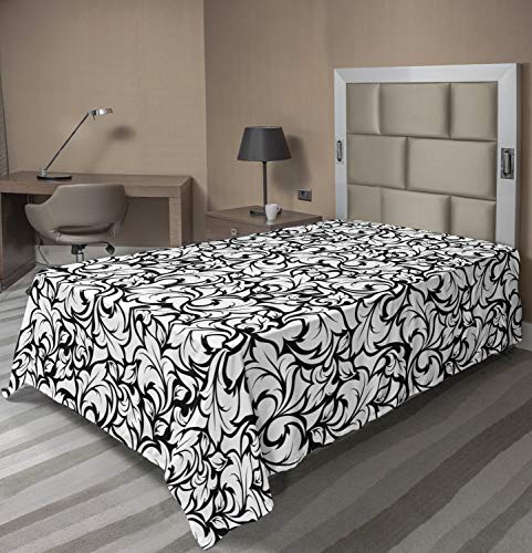Ambesonne Floral Flat Sheet, Monochrome Leaves Abstract Design Botanical Arrangement Gardening Inspiration Print, Soft Comfortable Top Sheet Decorative Bedding 1 Piece, TwinXL Size, Black White