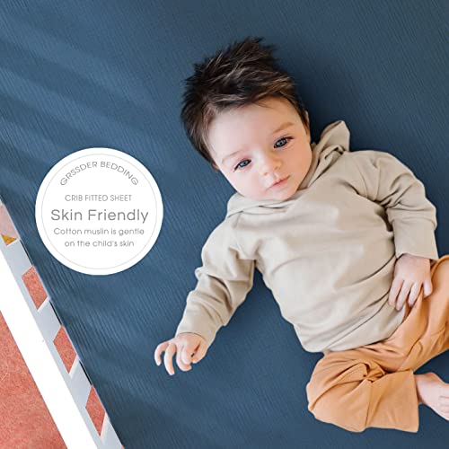 Image of GRSSDER 100% Cotton Muslin Crib Sheet 2 Pack - Breathable & Ultra-Soft Fitted Crib Sheets for Standard Baby & Toddler Mattresses, 52 inchx28 inch with 9 inch Deep Pocket, Snug Fit All-Around Elastic