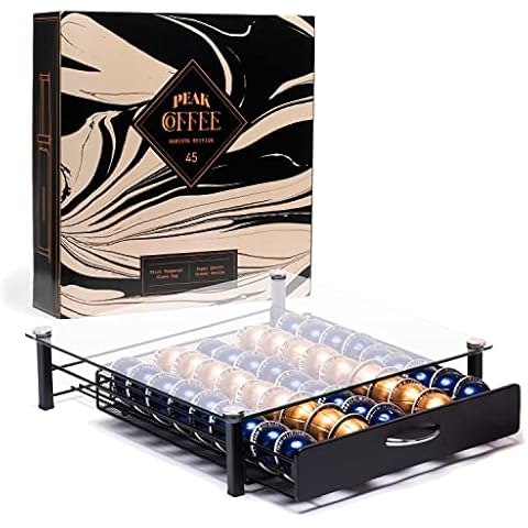Peak Coffee Capsule Storage Drawer Tray for 45 Nespresso Vertuo Vertuoline - Coffee Pod Holder Box, Organiser & Machine Stand with Tempered Glass Top - Smooth Drawer Action Cover