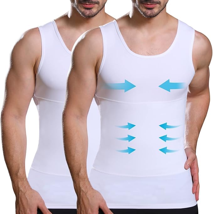 GVV Men’s Compression Shirt 2-Pack Slimming Body Shaper White Undershirt Vest Sleeveless Tummy Control Tank Top-image-48