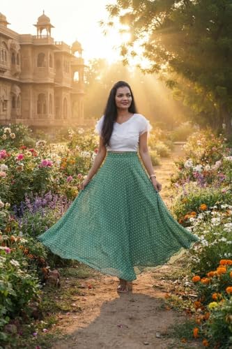 Image of Women's Lycra Top with Georgette Skirt | Polka Dot Print Long Flared Maxi | Full Length Flowy Skirt for Women | Stylish Casual Wear