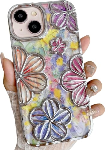 Image of mobistyle Designed for iPhone 14 Plus Cover| Electroplating Bling Colourful Floral 3D TPU Camera Protection Back Cover Case for Girls & Women (Silver Electroplating Flowers)