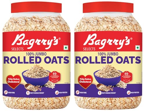 Image of Bagrry's 100% Jumbo Rolled Oats 1.2kg Jar | Whole Grain Rolled Oats with High Fibre, Protein | Non GMO | Healthy Food with No Added Sugar | Diet food for Weight Management | Premium Rolled Oats | Nutritious & Healthy Breakfast Cereal