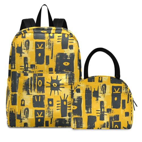 Backpack Lunch Bag Set Abstract Pattern Print, Big Storage Travel Backpacks with Insulated Lunch Box for Office Hiking Picnic