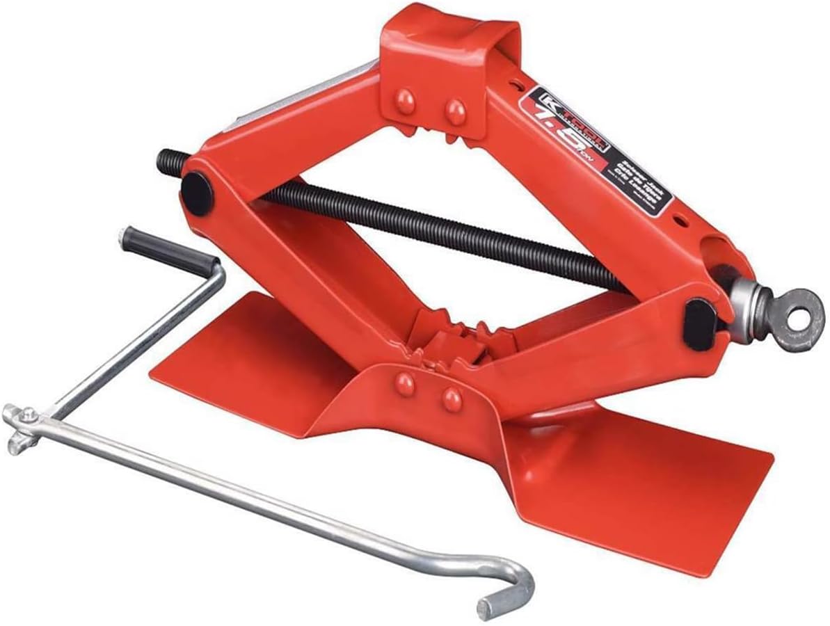 K Tool International 63100 1.5 Ton Automotive Scissor Jack for Garages, Repair Shops, and DIY, Compact, Portable, 3,000 lbs. Capacity, Lifting Range 4.1" - 15.2", Alloy Steel, Long Crank Handle, Red