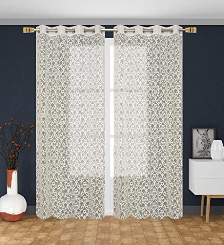 Image of Net Semi Transparent Sheer Curtain /Parde for Door Curtain 7 Feet Long Set of 3 Pcs for Window, Door, Living Room, Cream Color