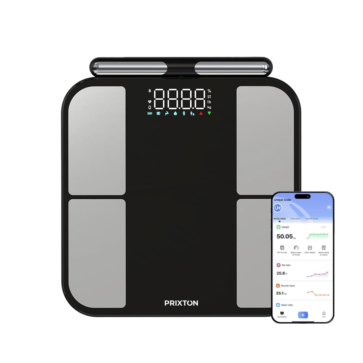PRIXTON BC400 Body Metric Báscula de Baño Inteligente con Bioimpedancia, 56 Medidas Corporales, App Multiusuario (hasta 200), Electrodos Extensibles, 180 kg, IMC, Grasa y Masa Muscular
