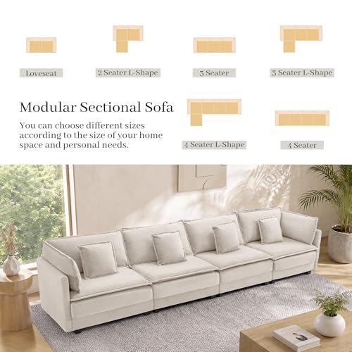 Image of Corduroy Sectional Couch, 4 Seater 149.2 inch Cloud Couch, Modular Deep Seat Sofa with Pillows for Living Room, Apartment, Beige