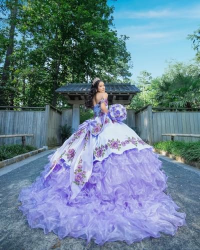 Off Shoulder Mexican Quinceanera Dresses with Bow Organza Embroidery Prom Dress Puffy Ruffle Sweet 15 16 Dresses3