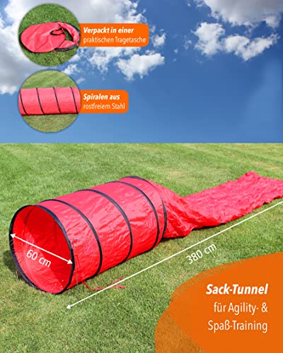 SPORTIKEL24 Agility Sacktunnel Rot – 3,80 m Länge, Ø 60 cm – Für Welpen & Anfängerhunde – mit Ösen, Heringen & Tragetasche – von Superhund