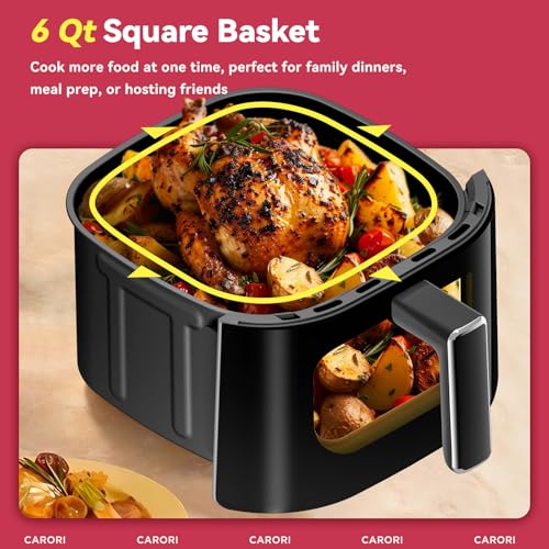 Image of CARORI 6 Qt Dual Heat Air Fryer with Viewing Window, 14 Presets, 1700W, No-Flip Top and Bottom Heating, 392F Max, Nonstick Dishwasher-Safe Basket, Black