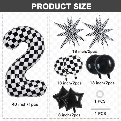 Image of TONIFUL 2nd Birthday Balloons Kit 40 Inch Checkered Number 2 Foil Balloon