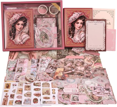 Image of MGNLR Vintage Aesthetic Scrapbook Kit(346Pcs) Scrapbooking Supplies Kit with Bullet Junk Journal,Stationery,A6 Grid Notebook Journaling Gift for Girl (European Retro Queen 1)