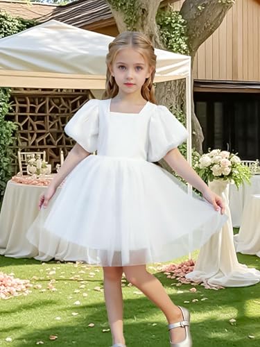 Tutu.kk Toddler Girls Tulle Dress Puff Short Sleeve Square Neck Flower Girl Dress for Birthday Party3