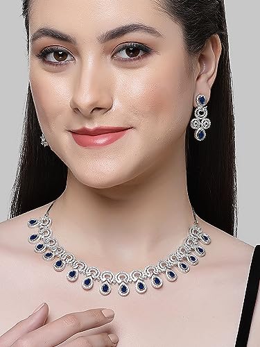 Image of Karatcart Silver Tone Green American Diamond Studded Necklace Set for Women