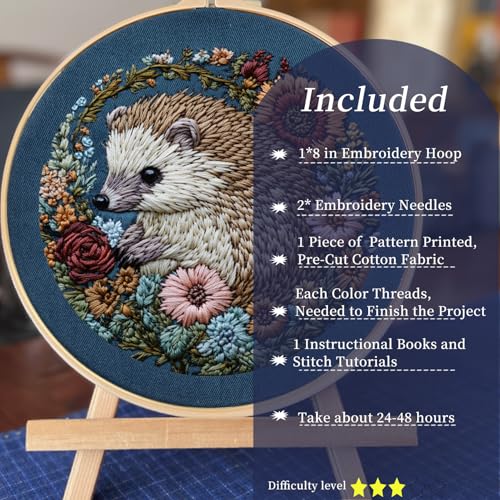 Image of FONNUY Embroidery Kit for Beginners, Cute Hedgehog Stamped Embroidery Patterns Kits for Adults with Hoop, Easy to Follow Sewing Thread Needlework, 8'' Hoop (Resilient)