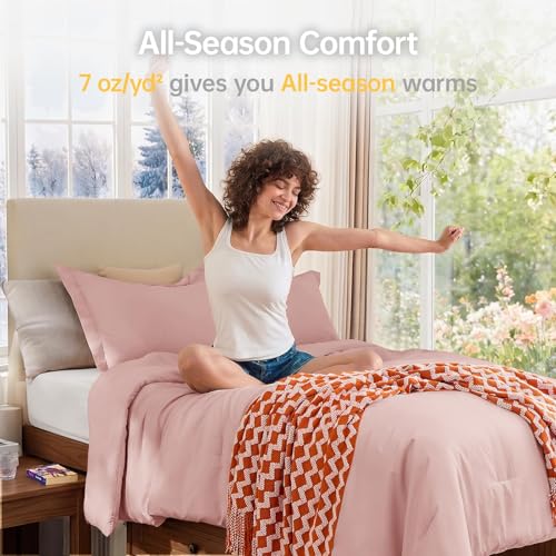 Image of MUXHOMO Twin /Twin XL Comforter Set, All Season Ultra Soft Down Alternative Bedding - 2 Piece Lightweight Bed Set Includes 1 Comforter (68 inchx88 inch) and 1 Pillow Shams (20 inchx26 inch), Rose Gold